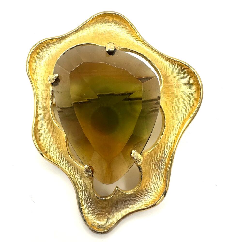 BSK vintage gold tone topaz brown green givré glass massive rhinestone brooch